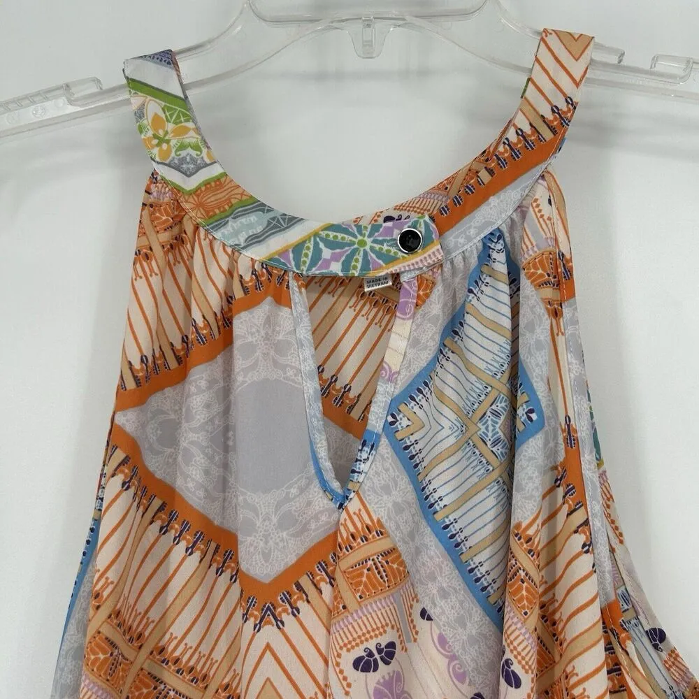 Spense Boho Tank Top Blouse Mixed Border Pattern Colorful Halter Keyhole Size L Orange Size L - Image 2