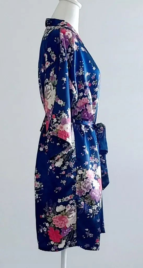 Silky Satin Robe Floral Pattern Kimono Short Dark Blue Size Small - Image 5
