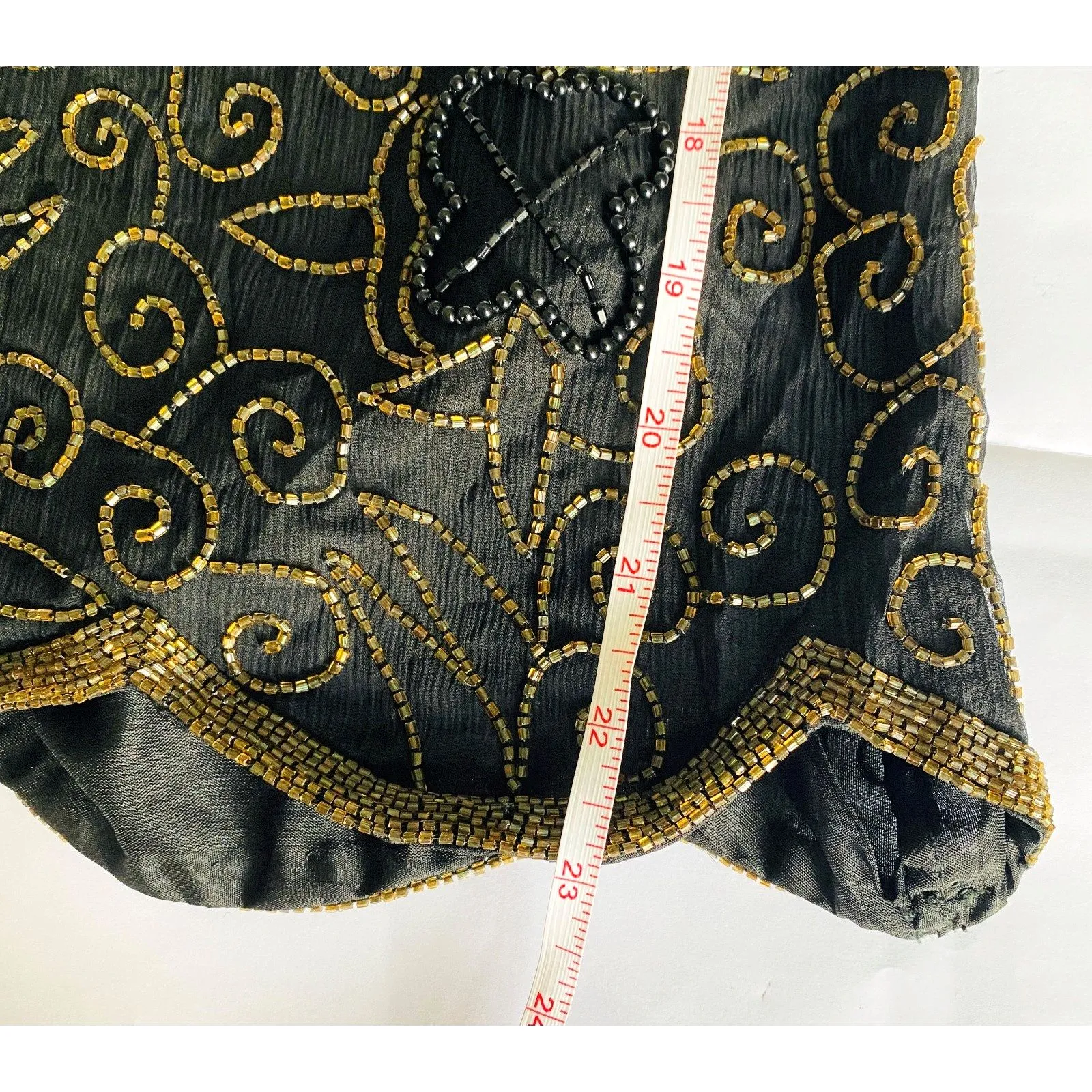 Vintage Denise Elle Beaded Silk Top Black Gold V Neck Crewneck Blouse Sz PS - Image 8