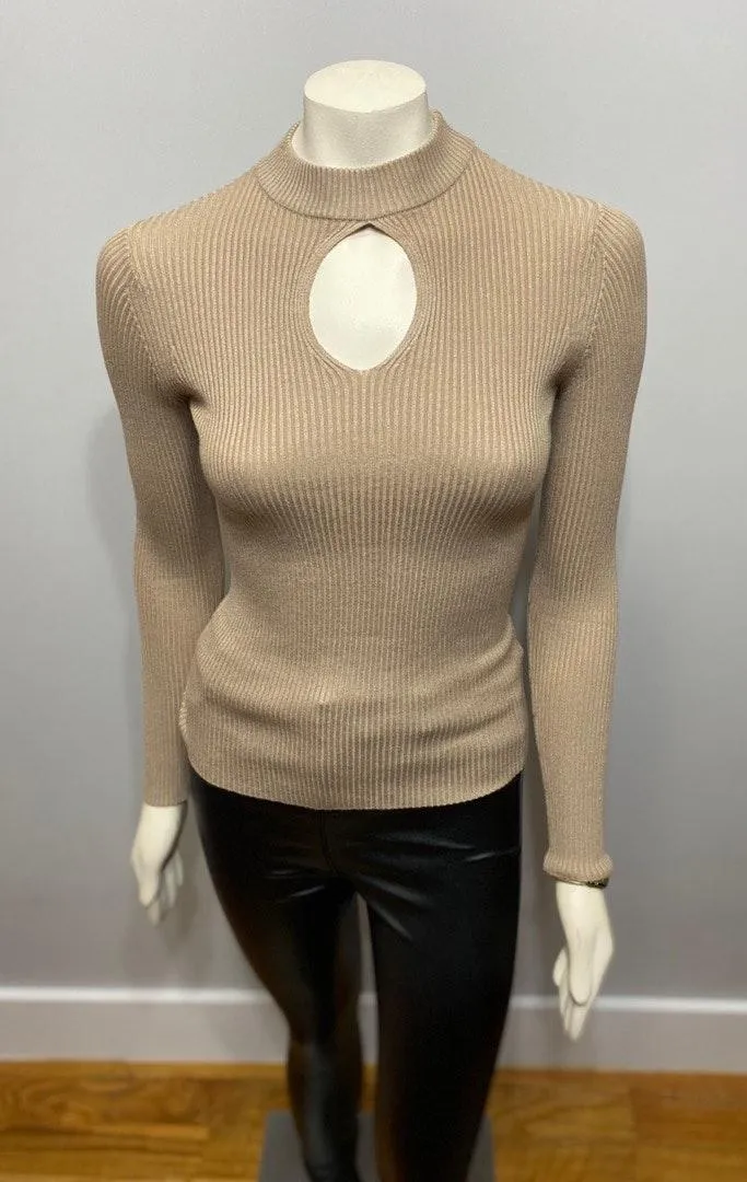 Ambiance Tan Ribbed Turtleneck with Keyhole Cutout - Image 6