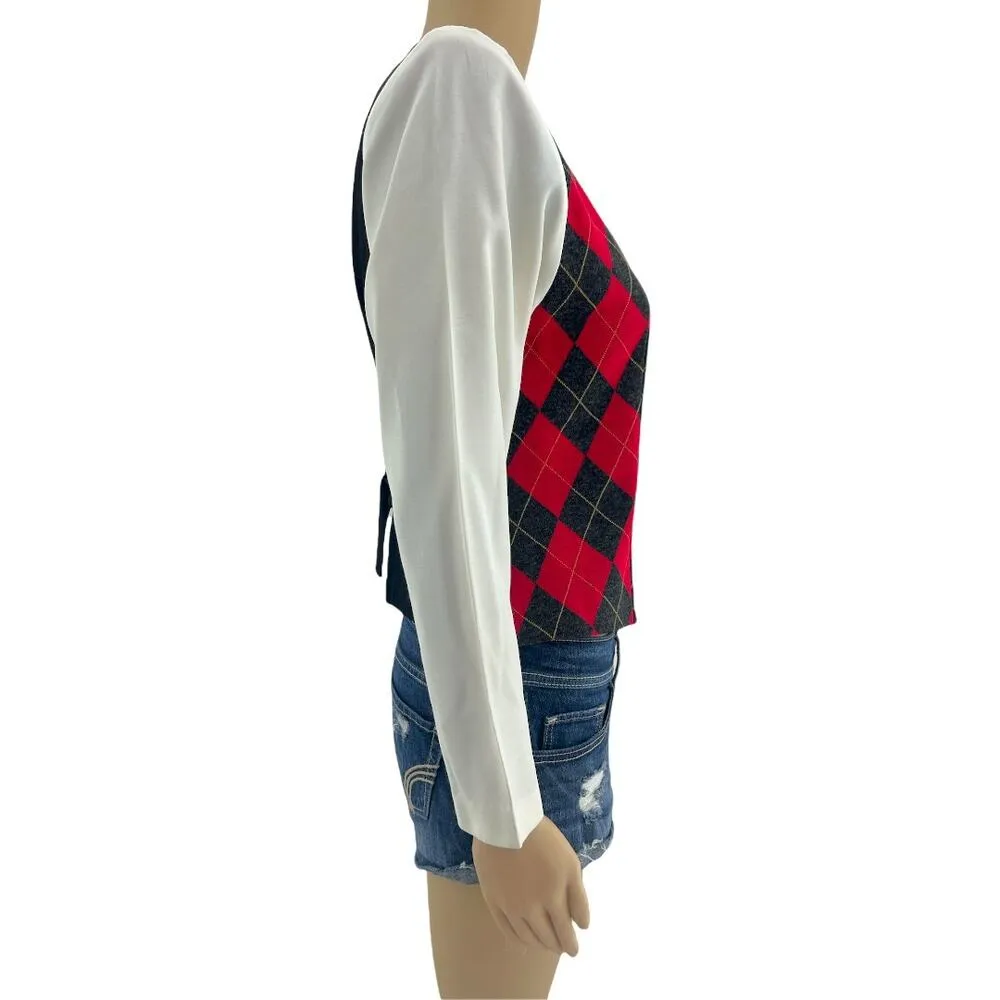 Positive Attitude US 4 American VINTAGE 80s Red Argyle Plaid Dicky Bib Vest Top - Image 4