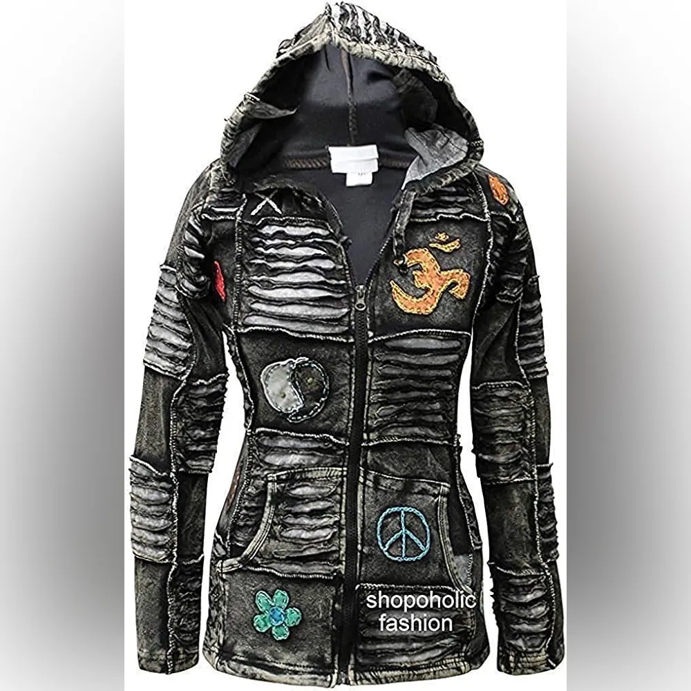 NWOT Pointy Hooded Om Gothic Style Stonewashed Razor Cut Zip Up Hoodie Black - Image 2