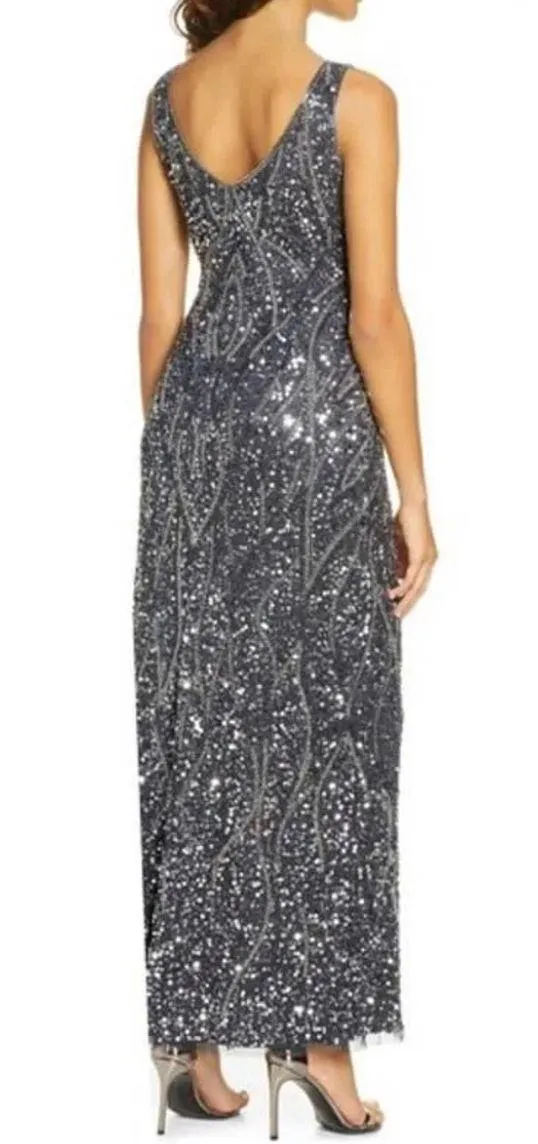 Pisarro Nights Dark Gray Beaded Sequin Long Gown Size 14 - Image 2