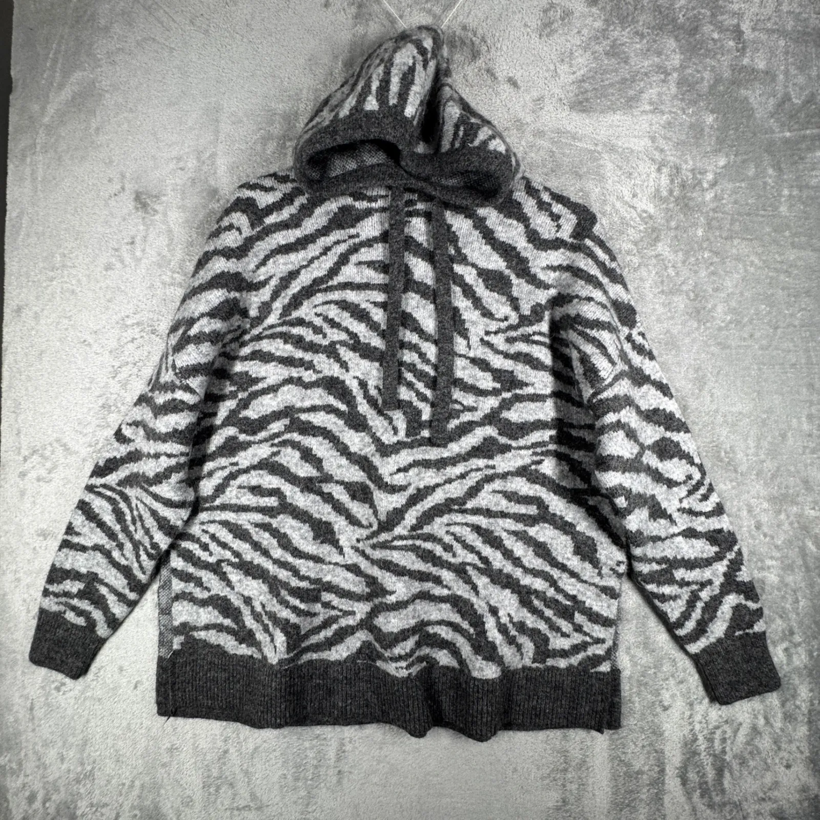 Zara Sweater Zebra Print Knit Hoodie Drawstring Pullover Neutral Gray Size M/L‎ - Image 2