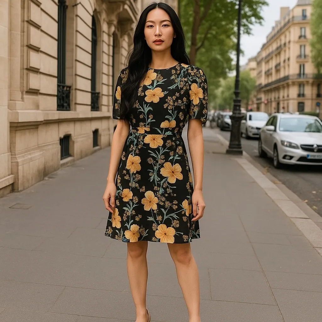 Hayden LA Women's Floral Print Midi Dress Black Yellow Short Sleeve Size L‎ NWT - Image 12