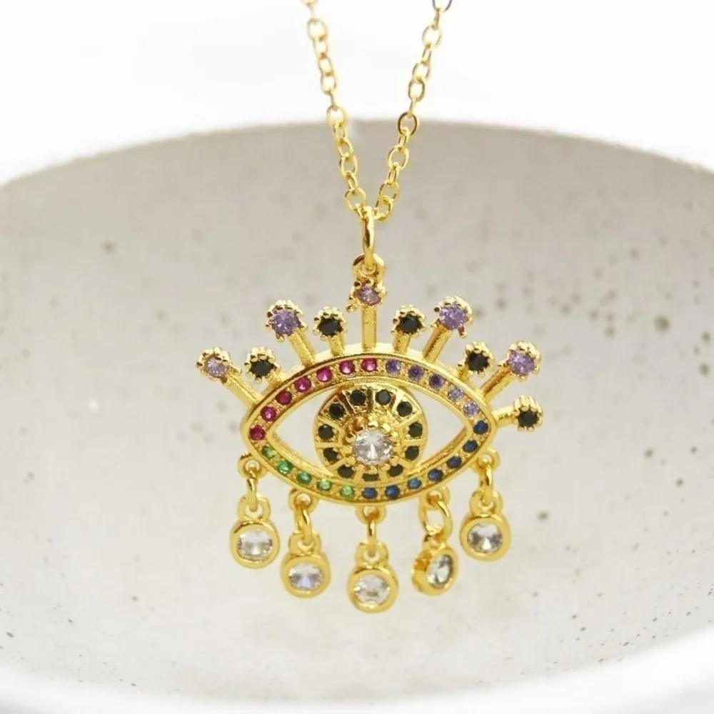 Colorful Rainbow Eye Charm Necklace Gold - Image 3