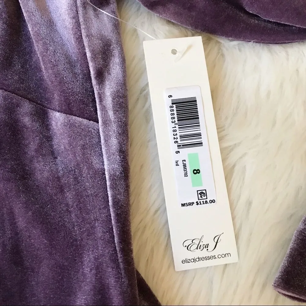 ELIZA J Velvet Off The Shoulder Dress Long Sleeve Short Sheath Purple Size 8 New - Image 8