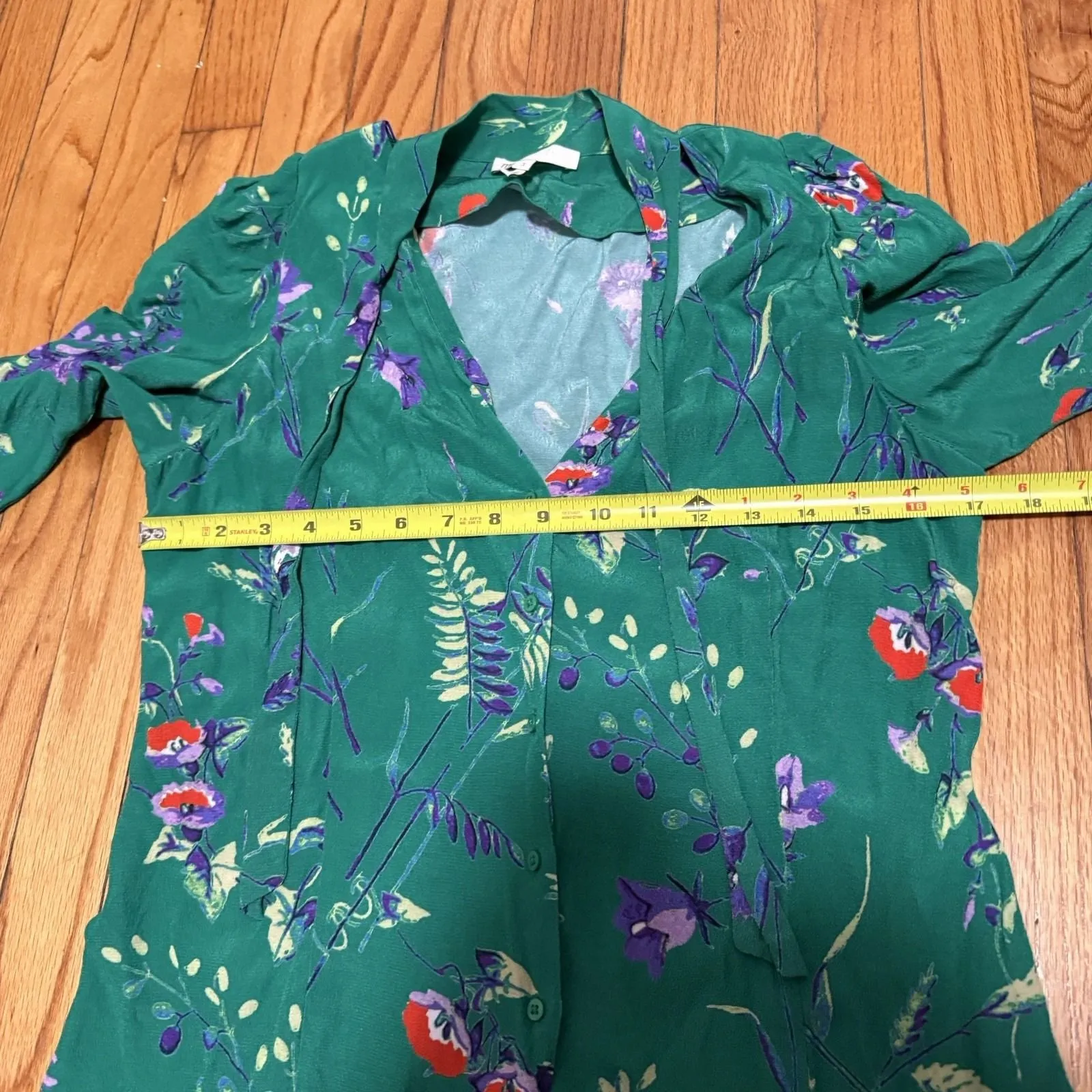 Maje Cosina Green Floral Print Tie-Neck Button‎ Front V-Neck Blouse Size 3/large - Image 6