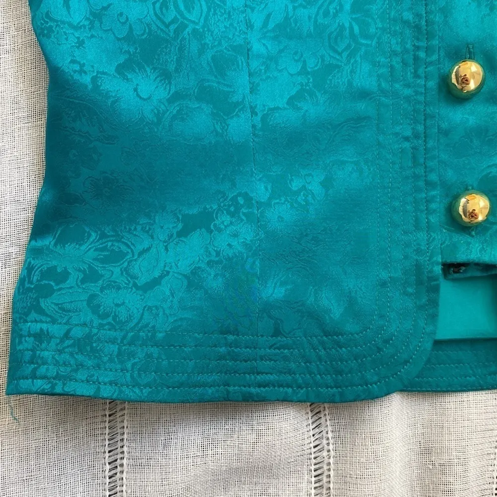 Maggie London 80s silk blazer with gold buttons in deep turquoise. - Image 4