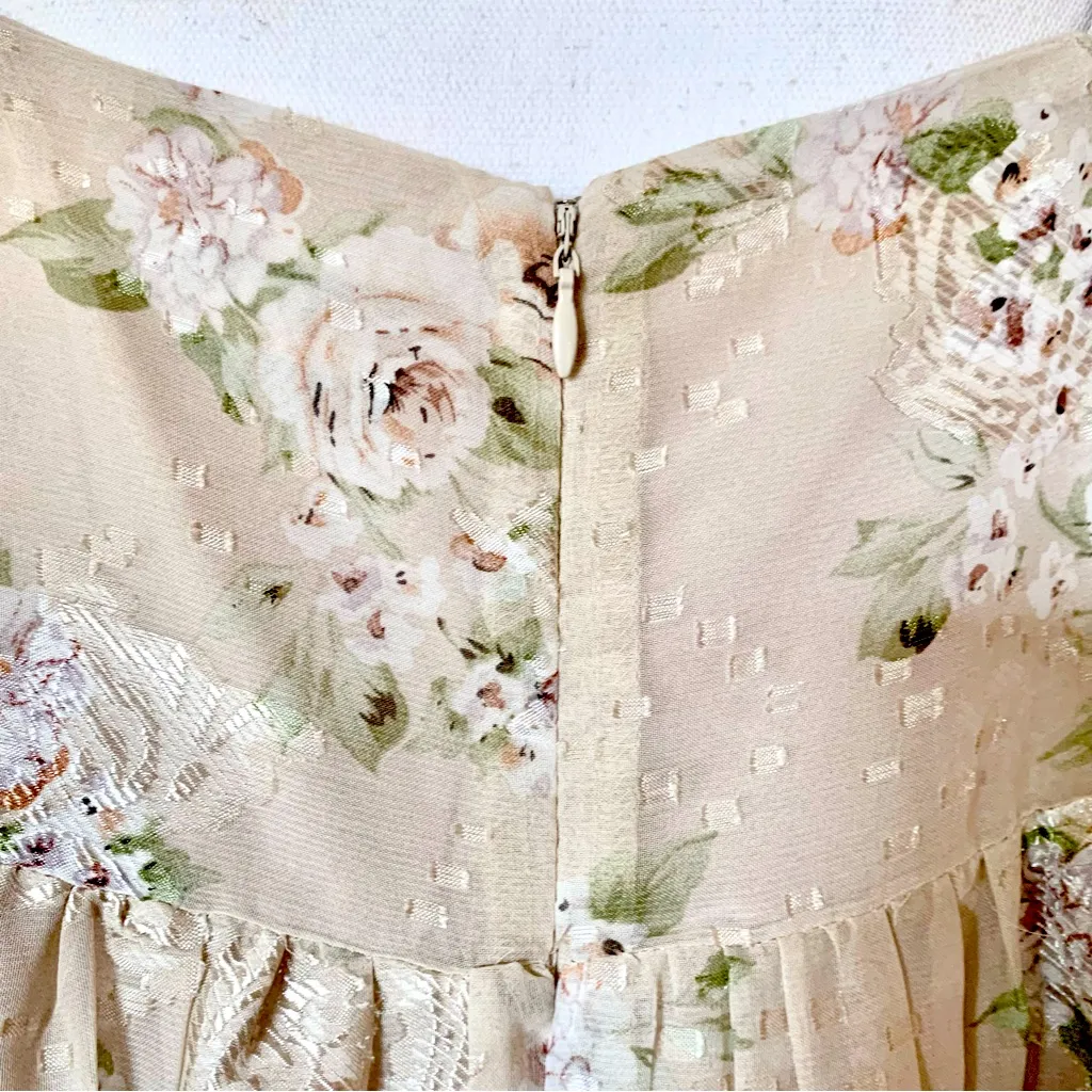 Arula Tan Beige & Green Floral Shimmer
Print Sheer Babydoll Maxi Dress. - Image 11