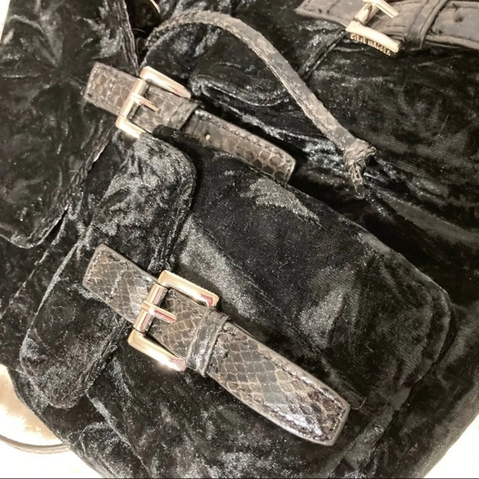 Steve Madden Black Crushed Velvet Mini Backpack with front flip pockets - Image 4