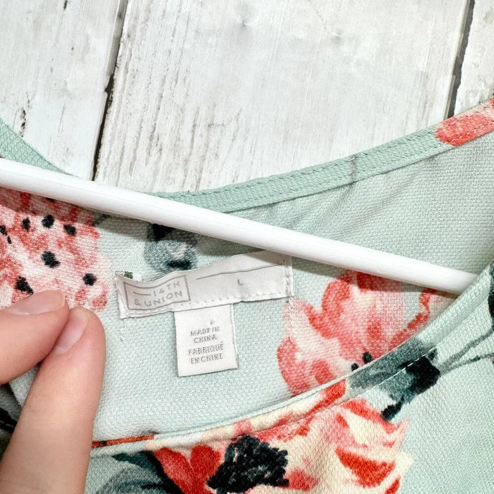 14th & Union Tank Top Women Sz L Teal Blue Floral Round Neck Straight Hem Summer - Image 2