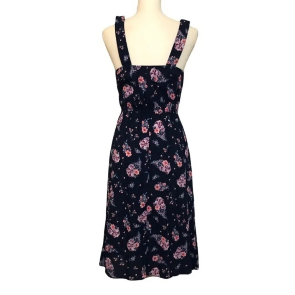 NWOT Navy Blue Square Neck Pink Floral Midi Dress New  Elastic Waist - Image 3