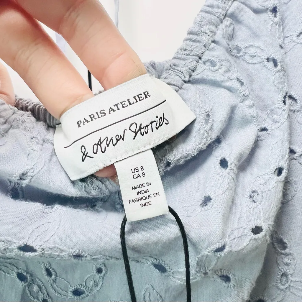 & Other Stories Women's Voluminous Broderie Anglaise Mini Dress - Dusty Blue NWT - Image 11