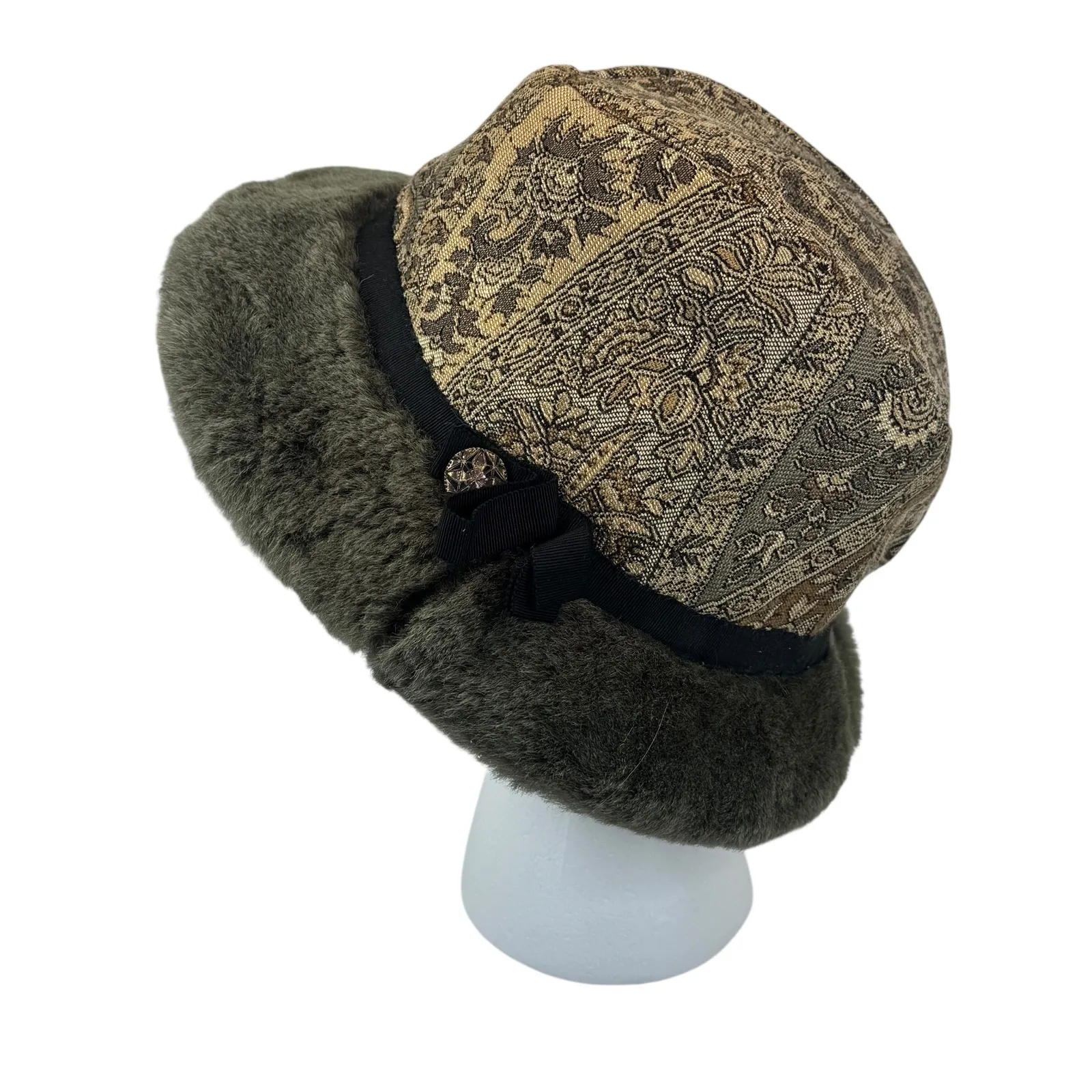 Burberry Brit Tapestry Faux Fur Bucket Hat Womens One Size Vintage Boho Winter Brown - Image 13