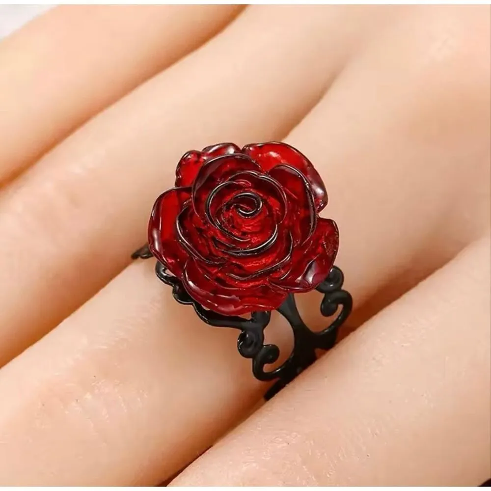 Punk Gothic Red Rose Ring Ornate Black - Image 2