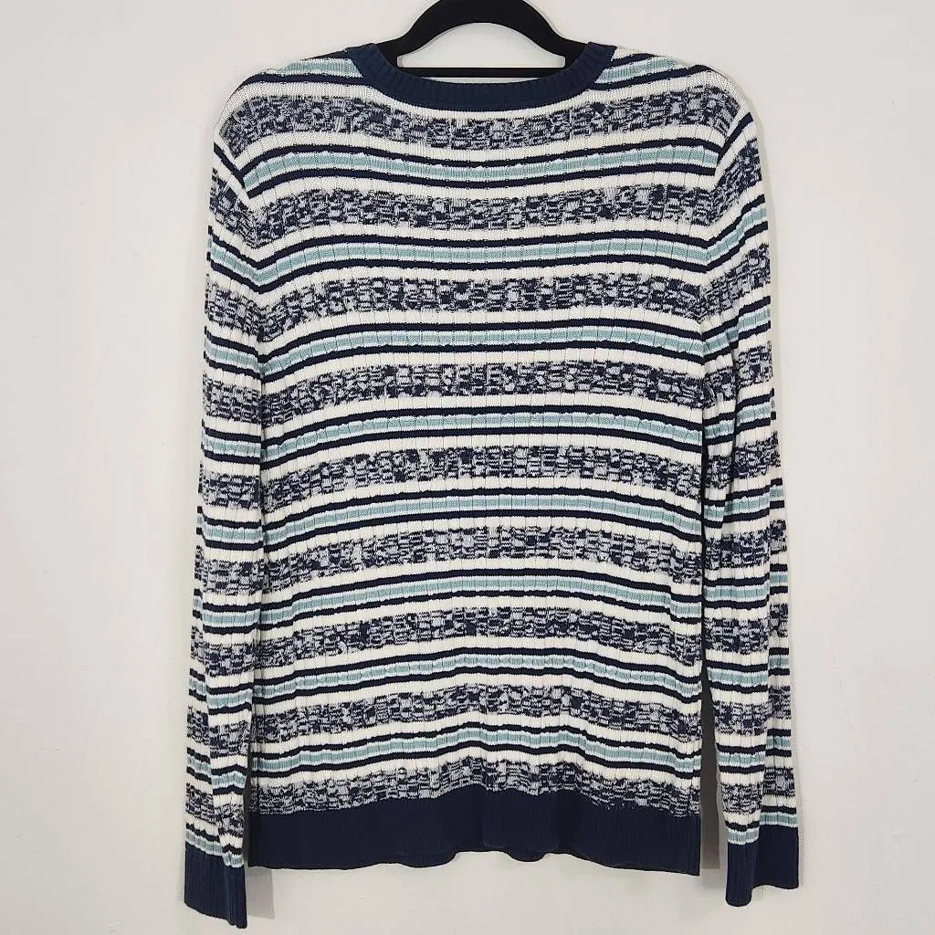 Croft & Barrow Navy and White Striped V-Neck Sweater Size XL Navy Knit Sweater - Image 4