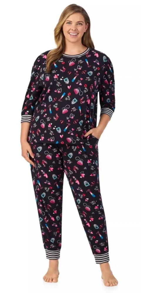 Cuddl Duds pj navy Pink Heart Pajama Set makeup theme NEW Gift - Image 1