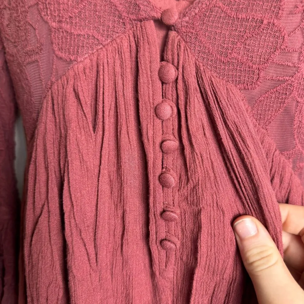 Free People Burgundy Lace Bell Sleeve Mini Dress With Slip - Image 3