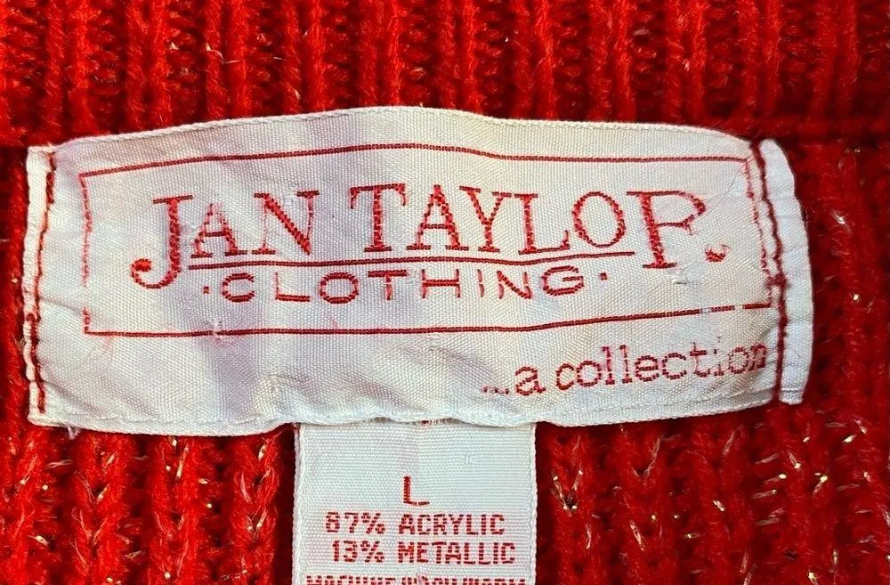 Vintage 90s Jan Taylor Red And Silver Metallic Thread Knit Sweater Size M - Image 3