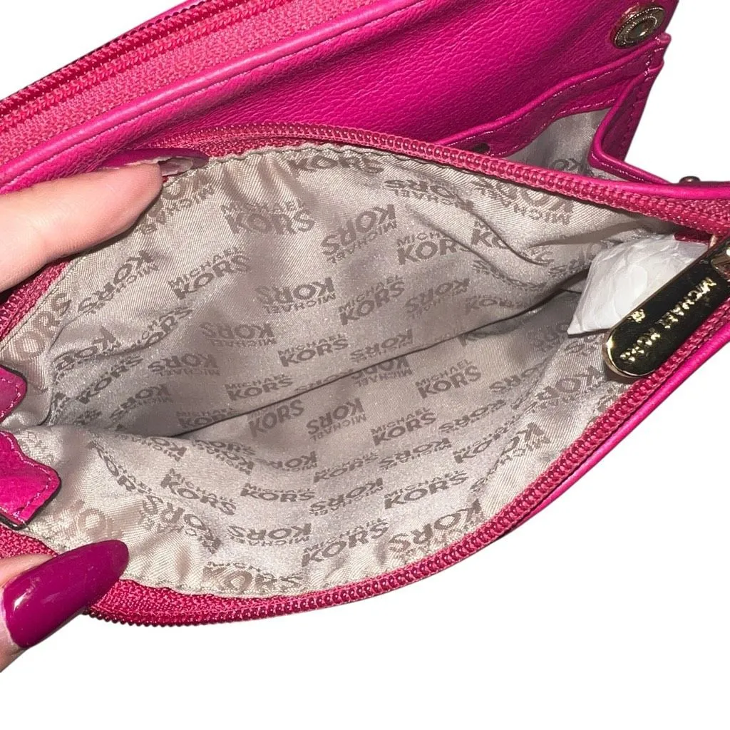 Michael Kors Jet Set Pink Leather Crossbody Bag Gold Logo Small Wallet Purse - Image 10