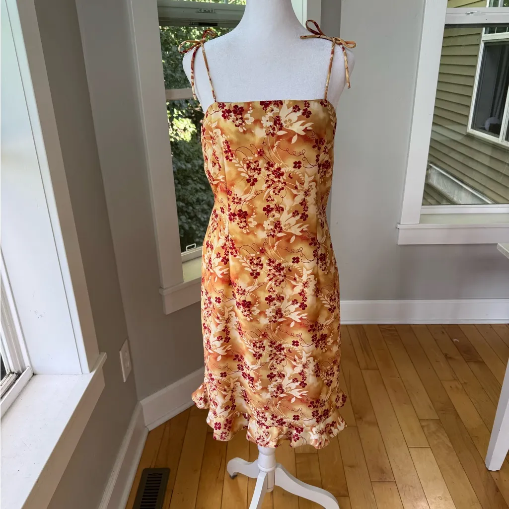 Vintage 90s Joule Orange Red Tie Strap Ruffle Bottom Slip Dress Size Large - Image 3