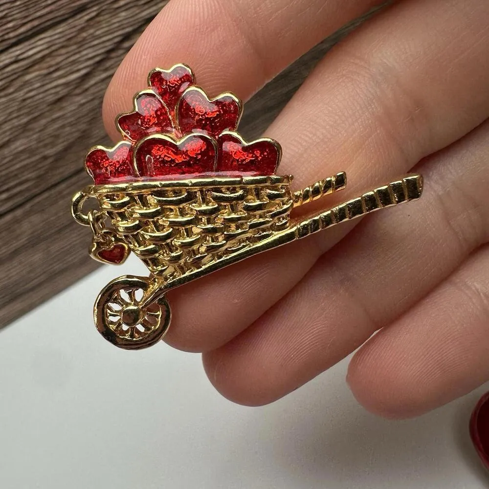 Wheelbarrow Of Hearts / Cupid’s Bow Heart Lot Of 2 Brooch Pin Red Gold Tone - Image 8