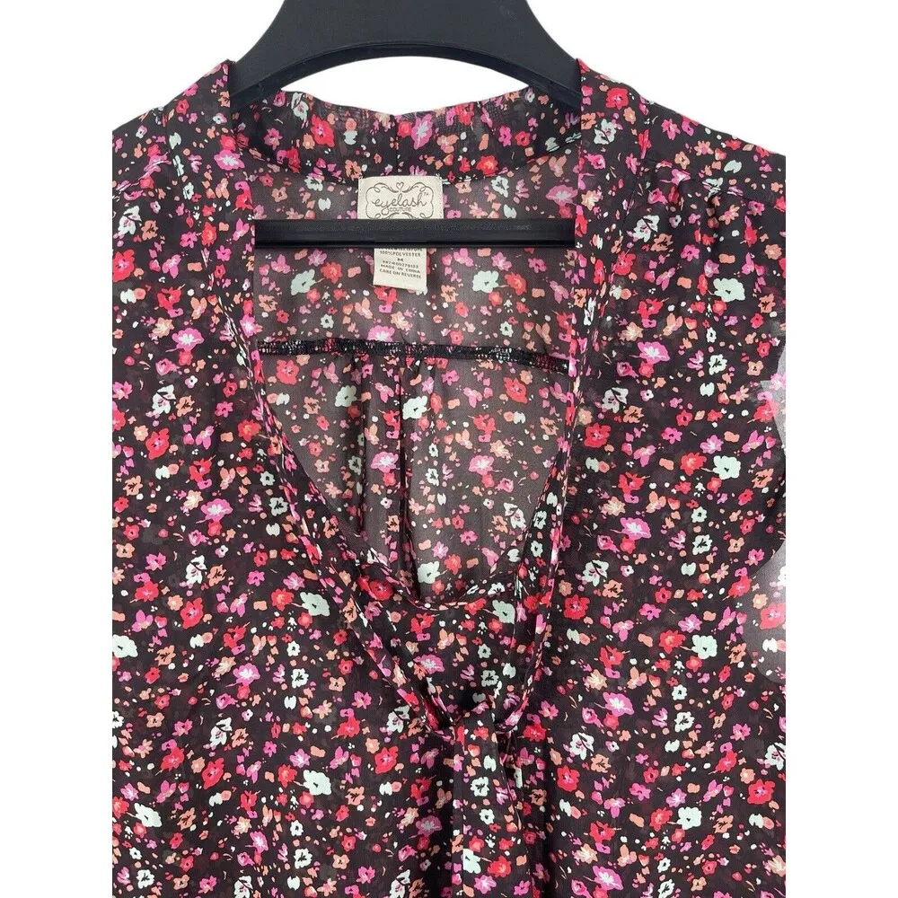 Eyelash Brown Pink Red Floral Fall Sleeveless Sheer Tie Neck Office Casual Top M Size M - Image 6