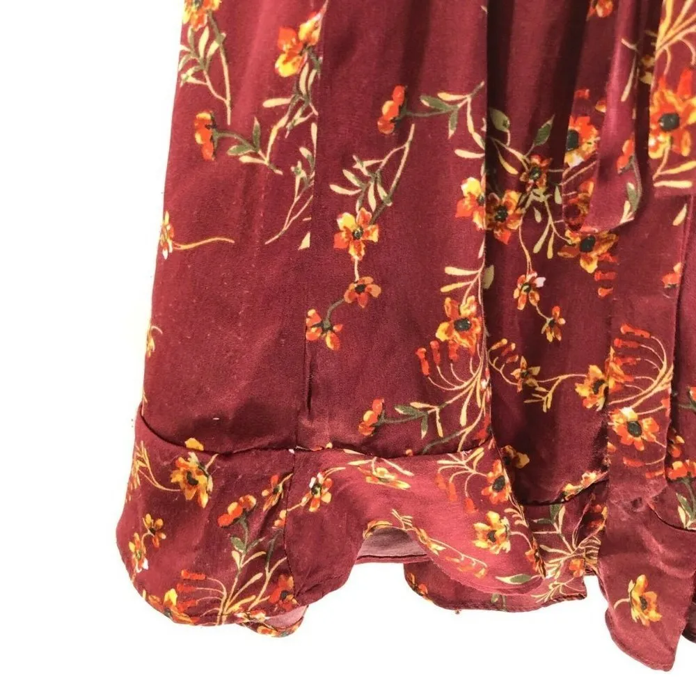 Lovestitch Wrap Dress Ruffle A Line Floral Puff Sleeve Burgundy Size S - Image 4