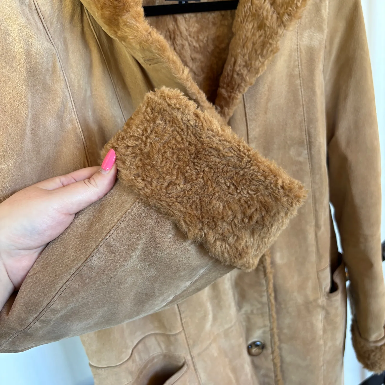 Vintage Leather Pennylane Coat Faux Fur Trim Longline Winter Heavy Hooded Medium Tan - Image 7