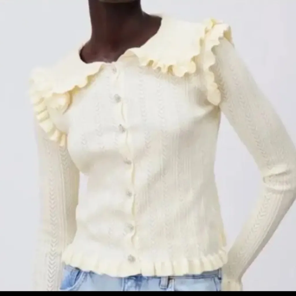 ZARA Cream Ruffled Knitted Cardigan M Cottagecore Whimsigoth Vintage-Inspired - Image 11