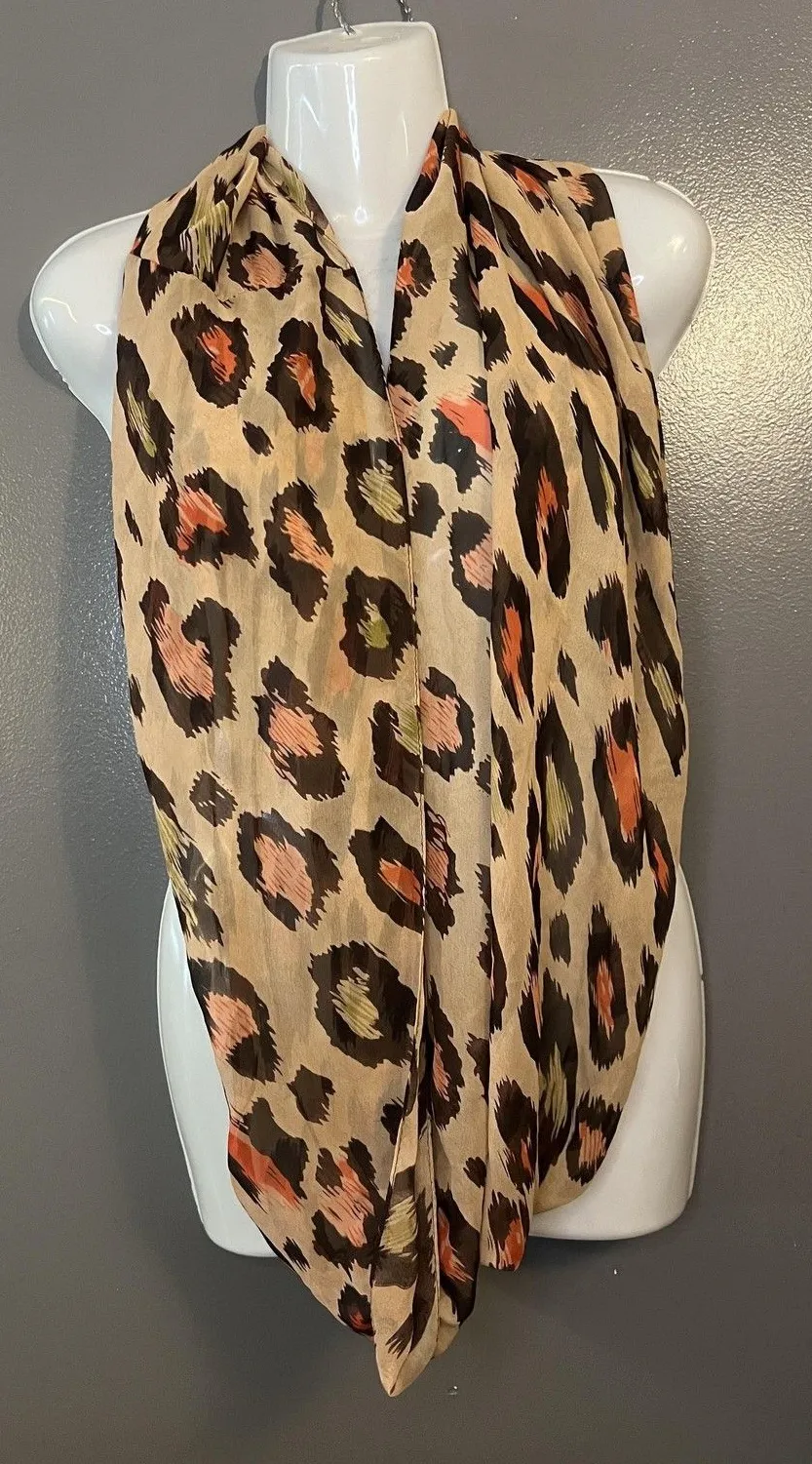 Leopard Print Scarf Womens One Size Beige Brown Orange Silk Blend Sheer - Image 1
