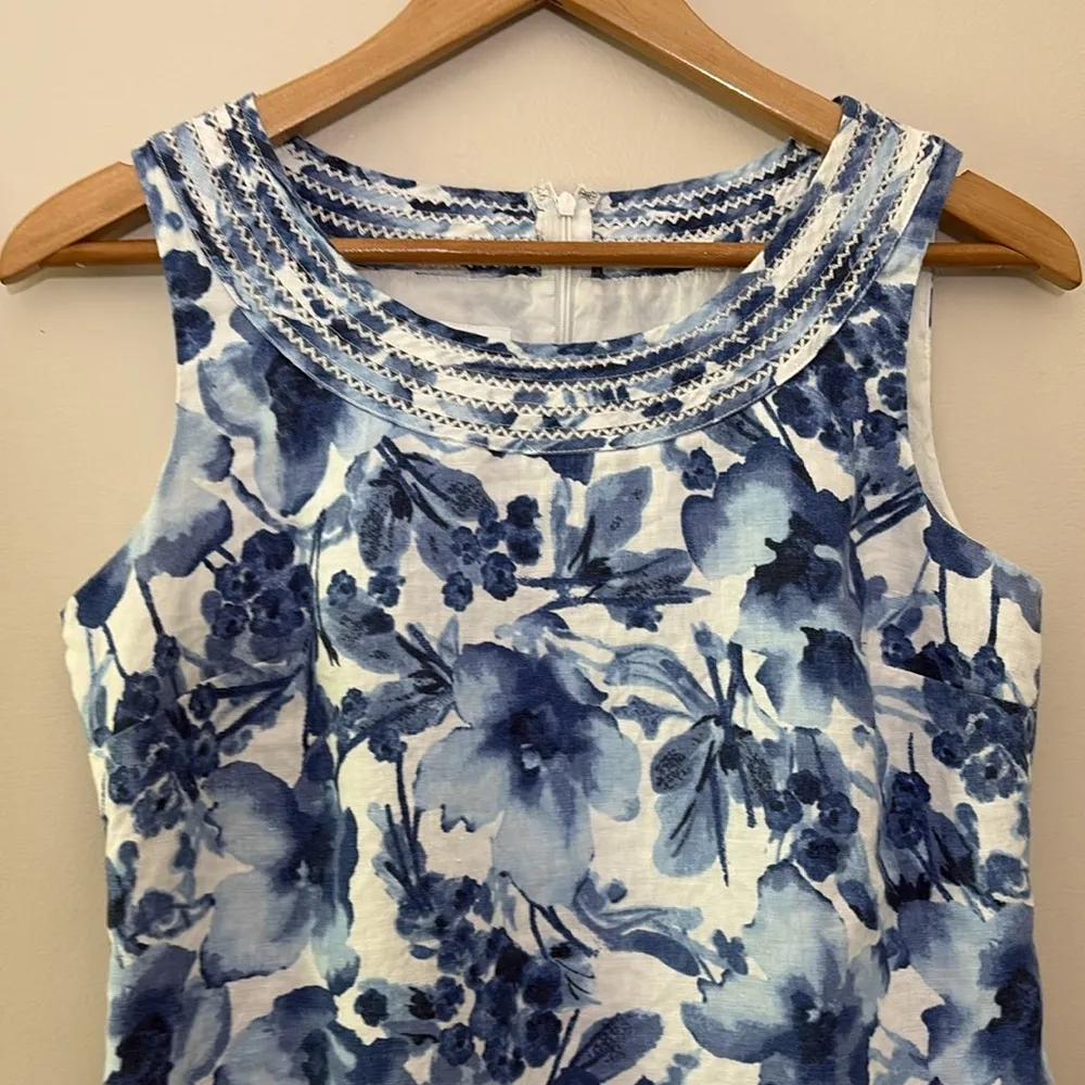 Charter Club 100% Linen Dress Sleeveless Blue Floral Costal Cottage Size 6 - Image 3