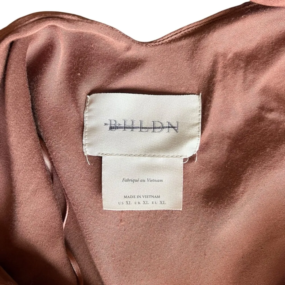 BHLDN Anthropologie Nicoletta One Shoulder Scarf Satin Midi Dress Cedar Brown XL - Image 7