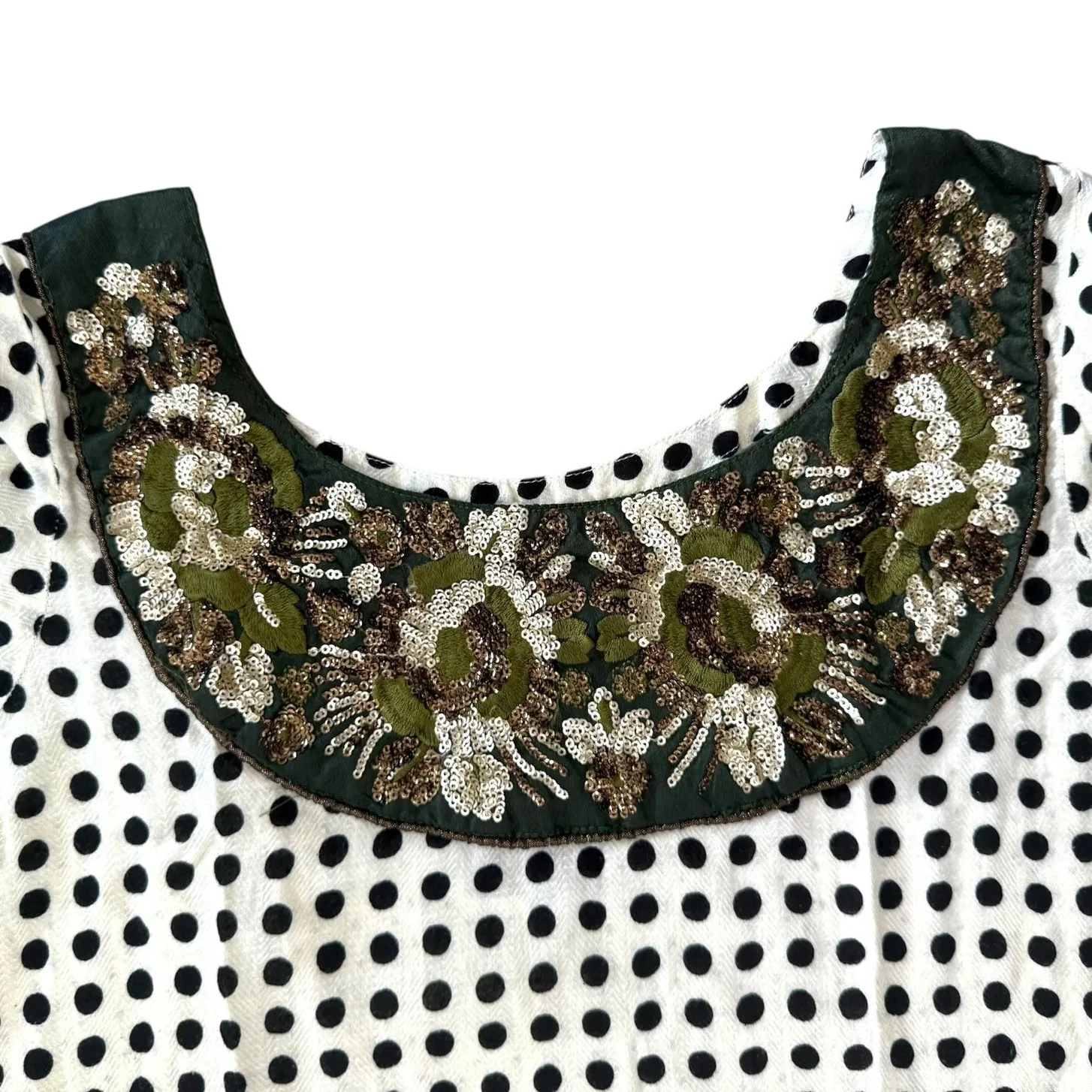 Vintage Polka Dot Floral Print Dress Embroidered Short Sleeve Folk Style Boho Brown Size L - Image 6