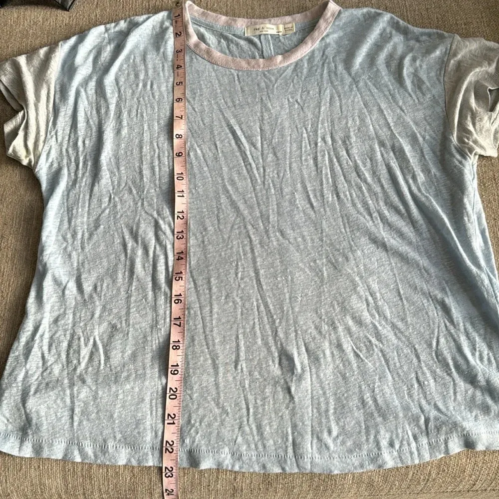 Rag & bone baby blue oversized boxy linen Tshirt with pink, grey details size xs - Image 8