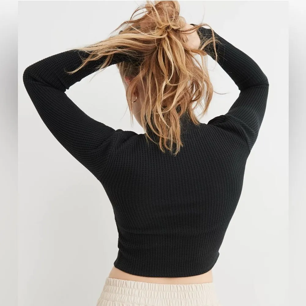 Aerie Blizzard Waffle Mockneck T-Shirt Womens Large Black Cropped Preppy Classic - Image 3