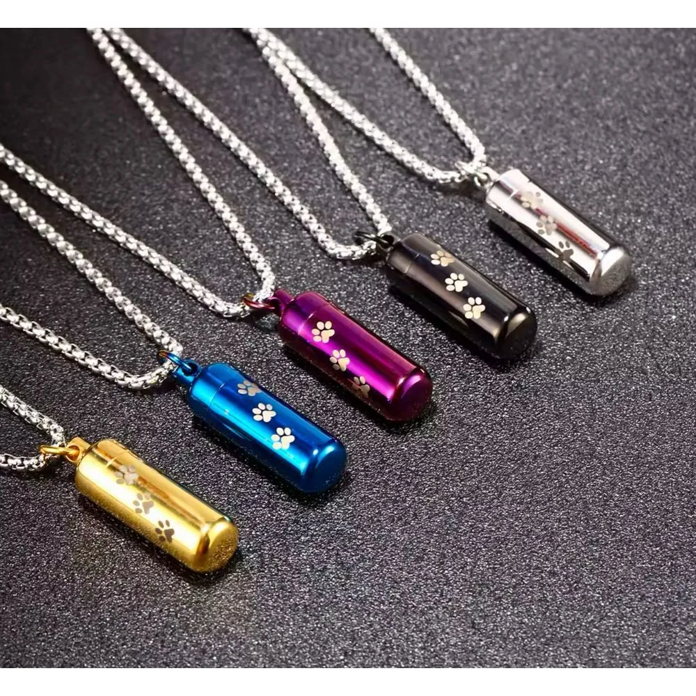 Pet Memorial Cremation Urn Necklace Paw Print Cylinder Pendant Silver Chain, 22" - Image 6