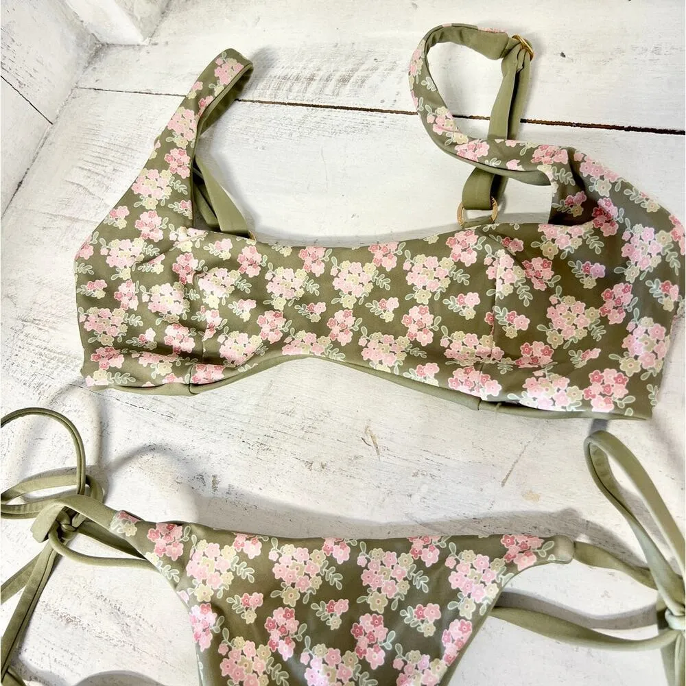 Lounge Reversible Plunge Bikini Top & Tie Side Bikini Thong Green/Floral XS / S - Image 5