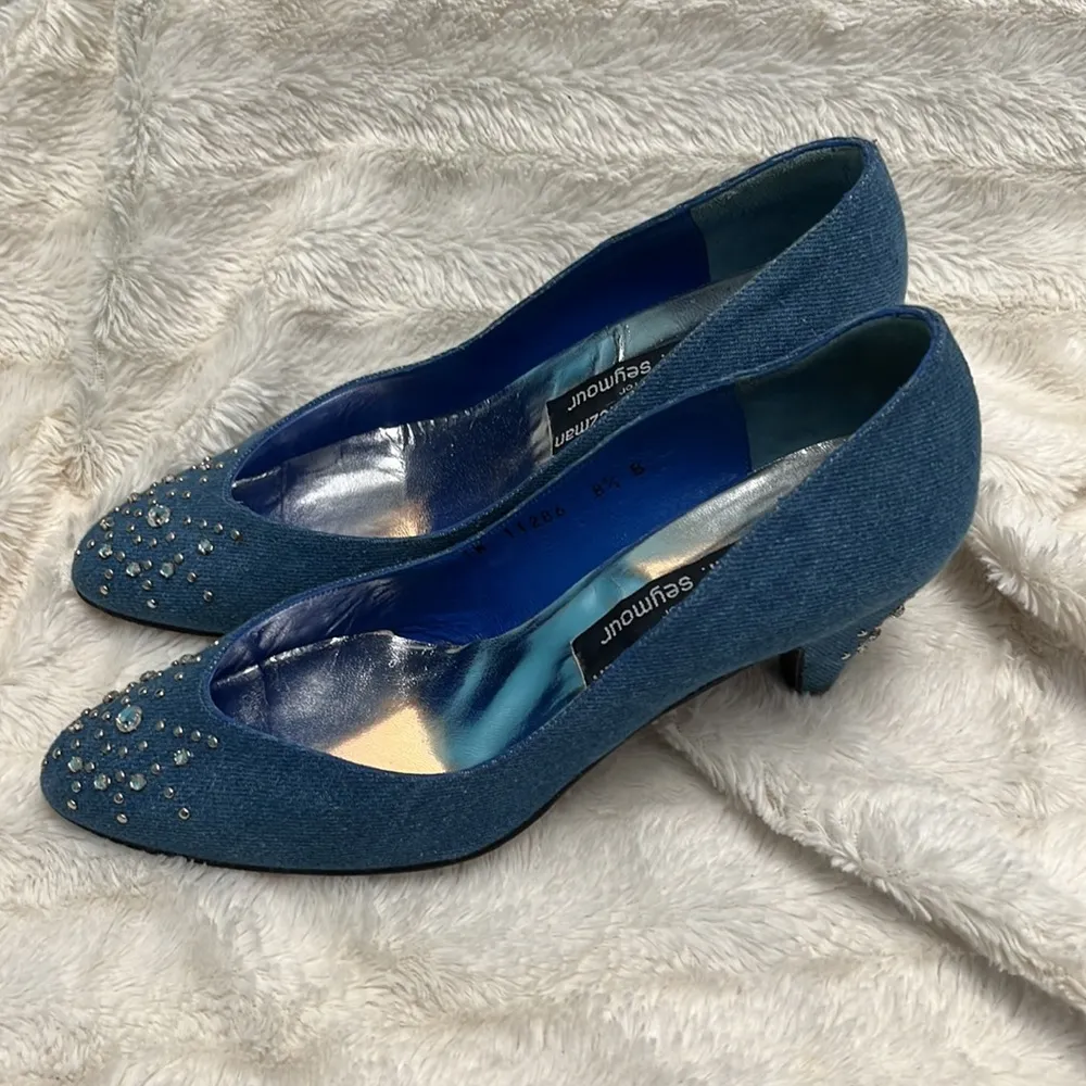 Stuart Weitzman Blue Denim Heels with Silver Rhinestone Accents - Image 8