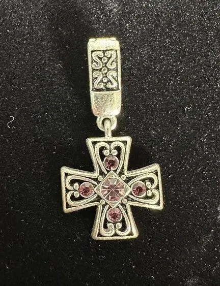 Premier Designs Silver Tone Purple Pink Rhinestone Cross Necklace Pendant - Image 1