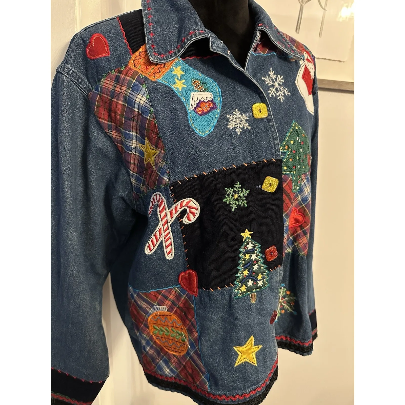 Christmas Jean Shacket Holiday Theme Shirt Size Small Blue Denim Vintage Xmas - Image 4