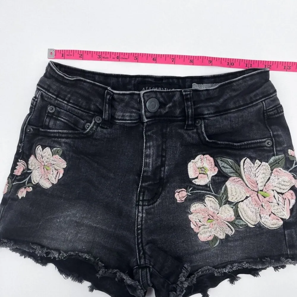Y2K 2000s Aeropostale High Waisted Embroidered Floral Black Denim Jean Shorts - Image 8