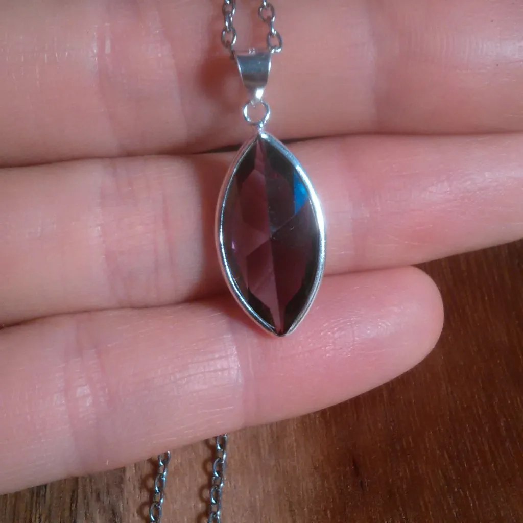 Purple Cubic Zirconia Sterling Silver Pendant Stainless Steel Necklace - Image 2