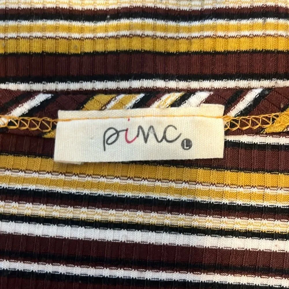 Pinc Y2K Brown Yellow Stripe Long Sleeve Crewneck Ribbed Crop Top Large Grunge Brown - Image 4