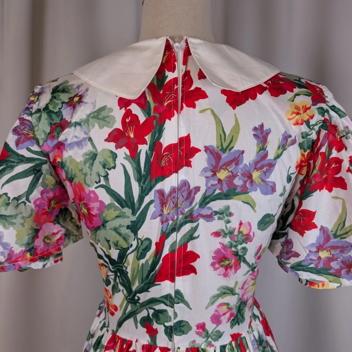 Vintage 80s Floral Cotton Dress Peter Pan Collar Cottagecore Midi - Image 11