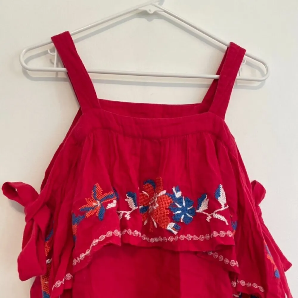 PARKER Beach Magenta Floral Embroidered Embroidery Cold Shoulder Cotton Blouse - Image 3