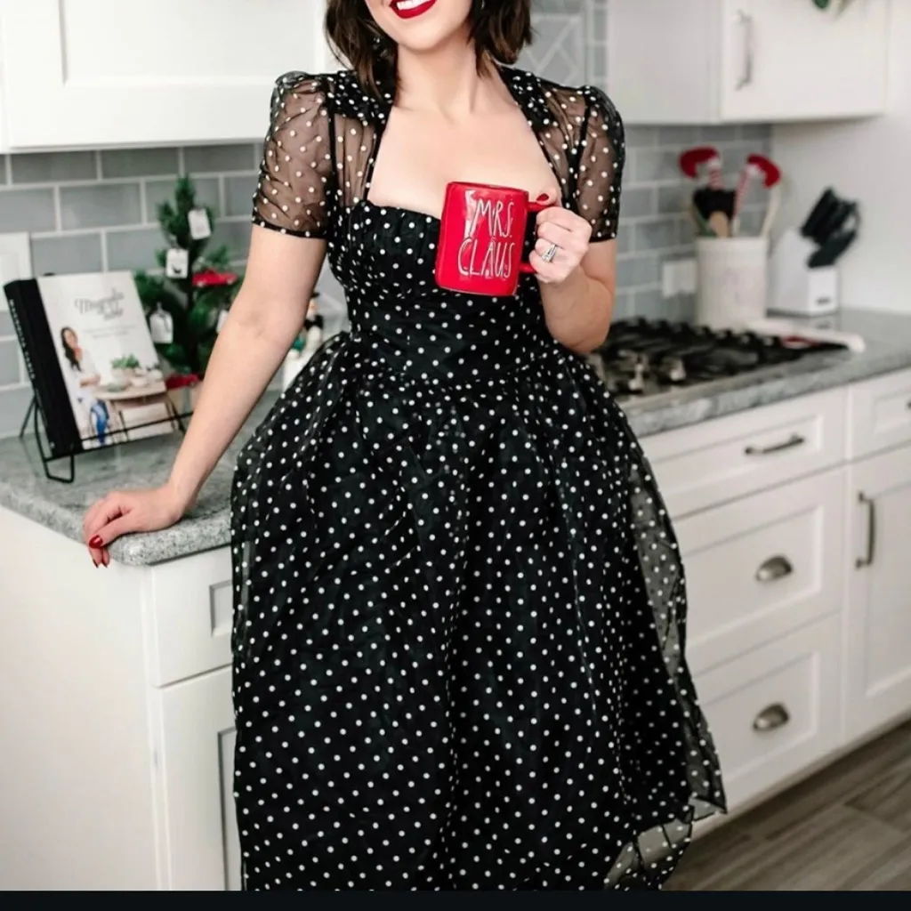 Unique Vintage Black Polka Dot Sheer
Overlay Midi Dress NWT 1X/16 - Image 2