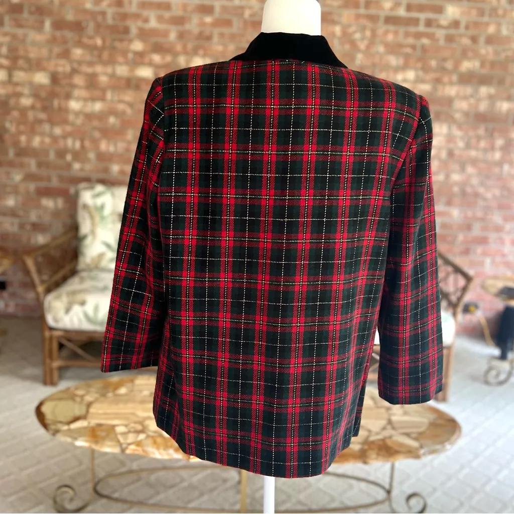 90s Sag Harbor Vintage Red Black Tartan Plaid Metallic Blazer 16P Preppy - Image 5