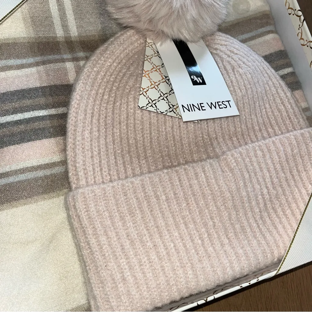Nine West NEW GIFT SET Pink Pom Pom faux fur Beanie and Plaid Scarf - Image 2